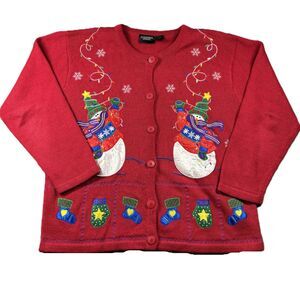Women Vintage Embroidered Christmas Sweater Snowmen Button Cardigan Red 1X K122